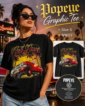 Popeye Lowrider Graphic Tee Black Short Sleeve Small Unisex NWOT